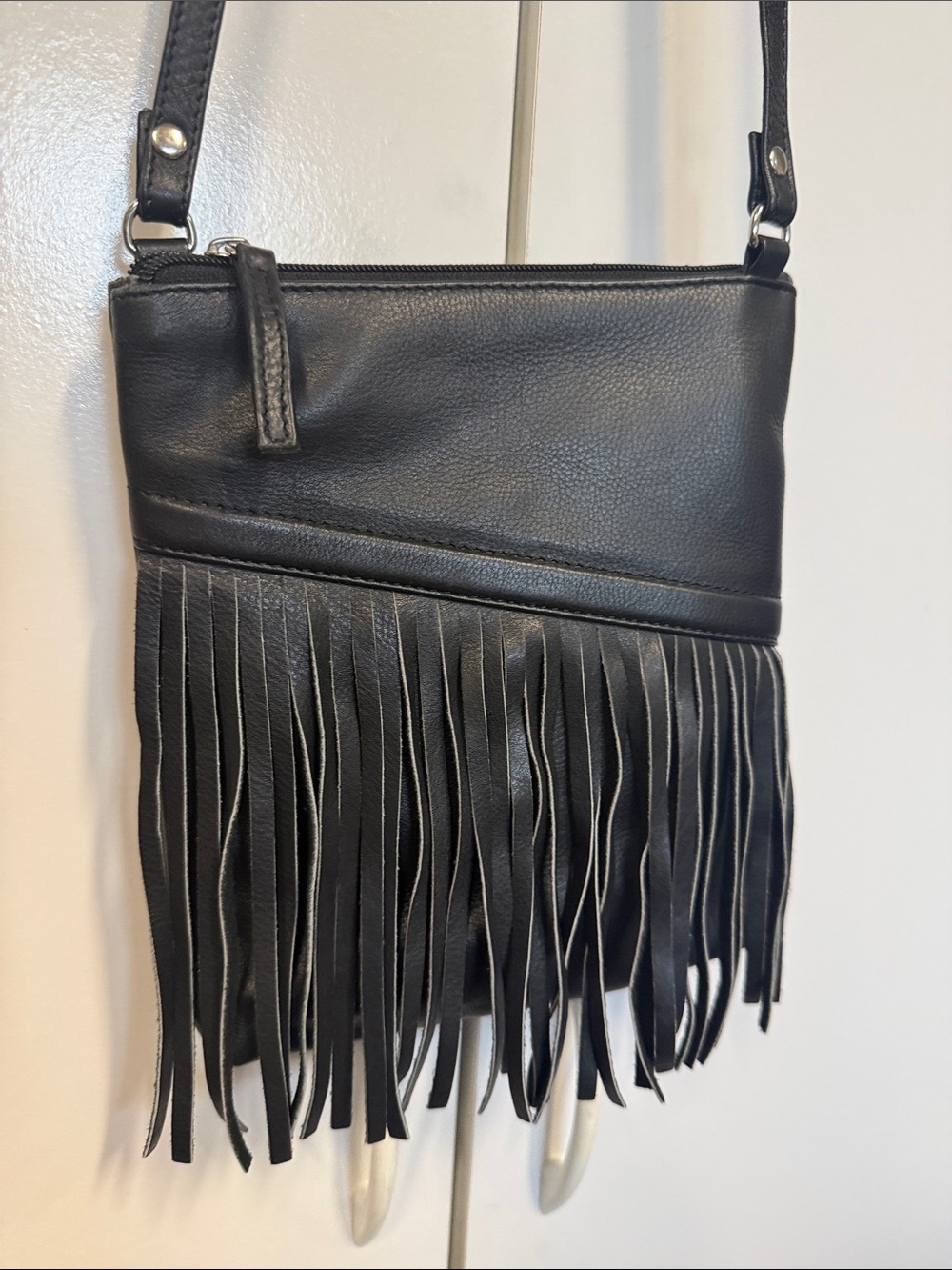 New Black Fringe crossbody Bag - biker, Core, festival, vegan leather.